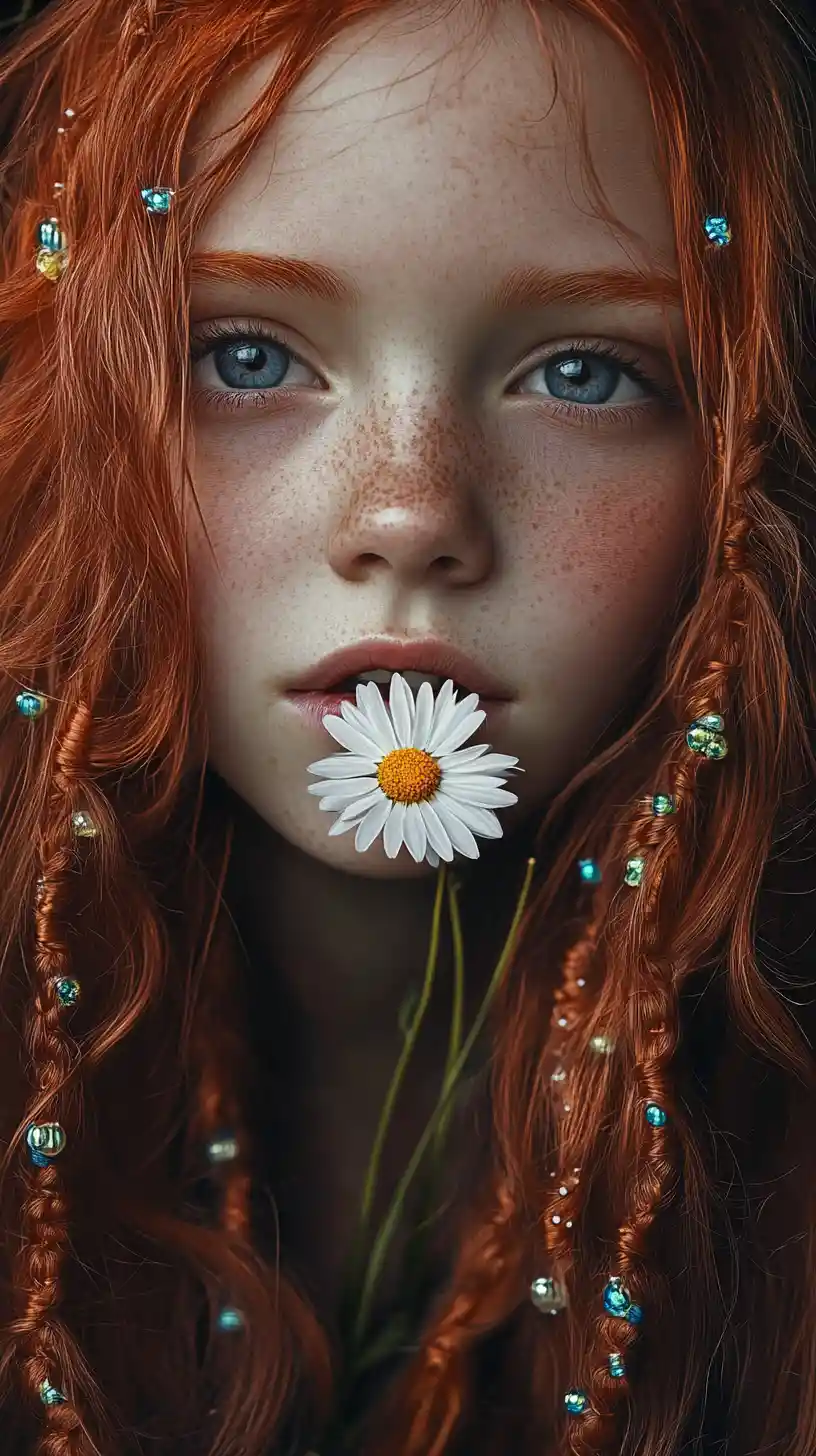 Girl with red hair holding a white daisy in darkness