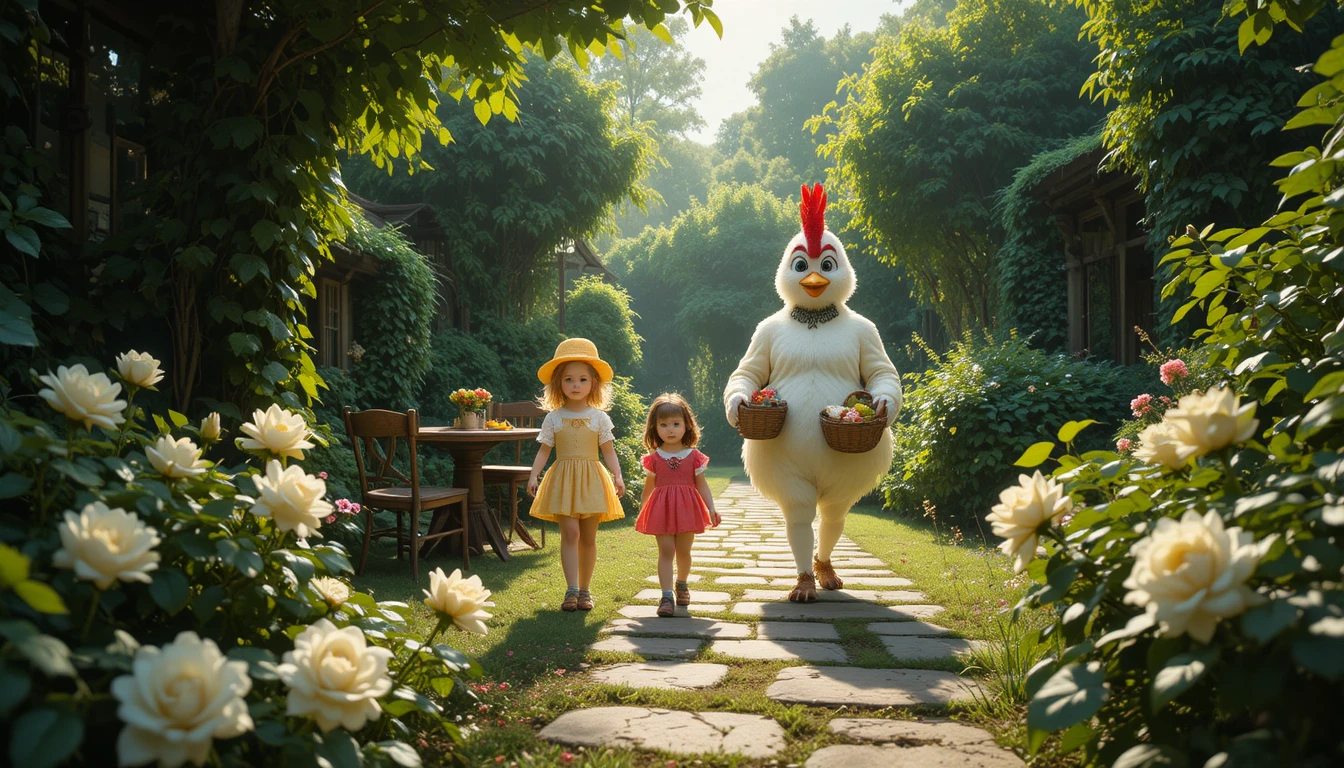 Children and a costumed figure walking through sunny garden