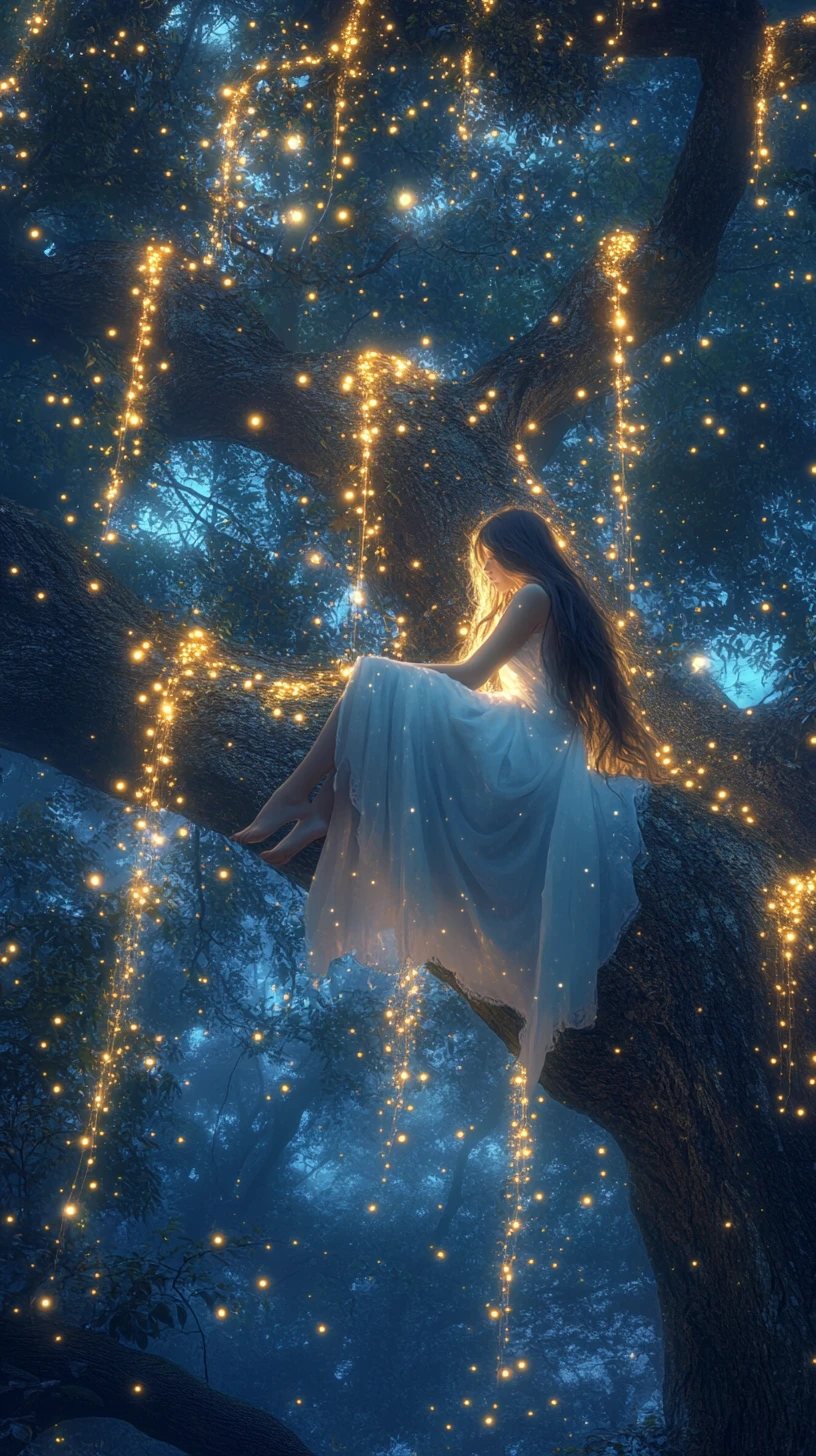 Young woman in white gown on ancient tree at dusk