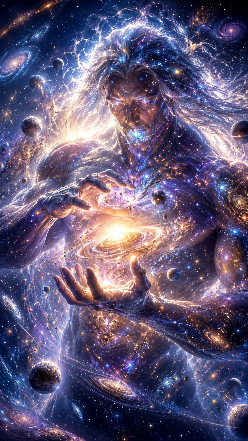 Cosmic man merging with the universe and shaping new worlds