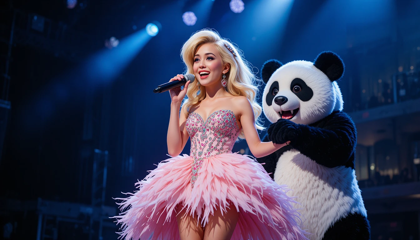 Sängerin im pinken Kleid tritt mit Panda-Maskottchen auf