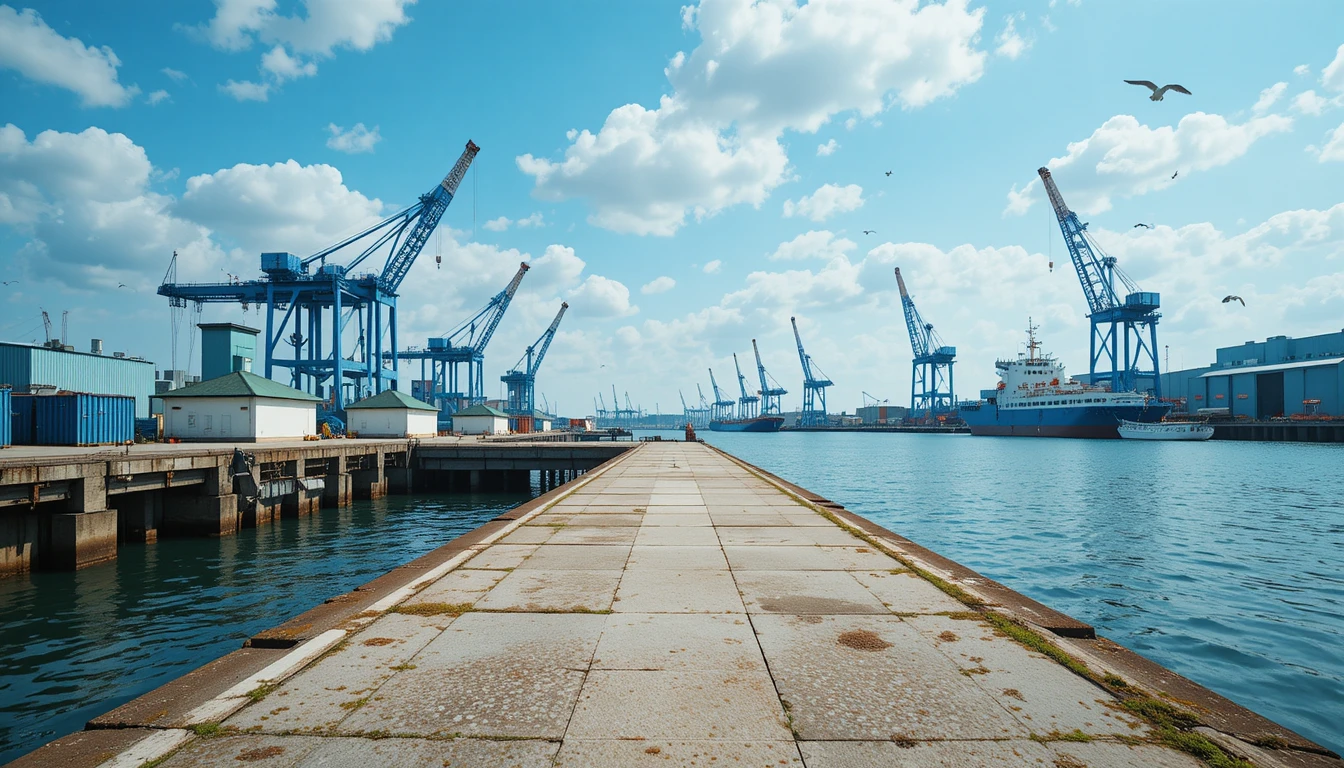 Wide industrial port scene with cranes and harbor buildings