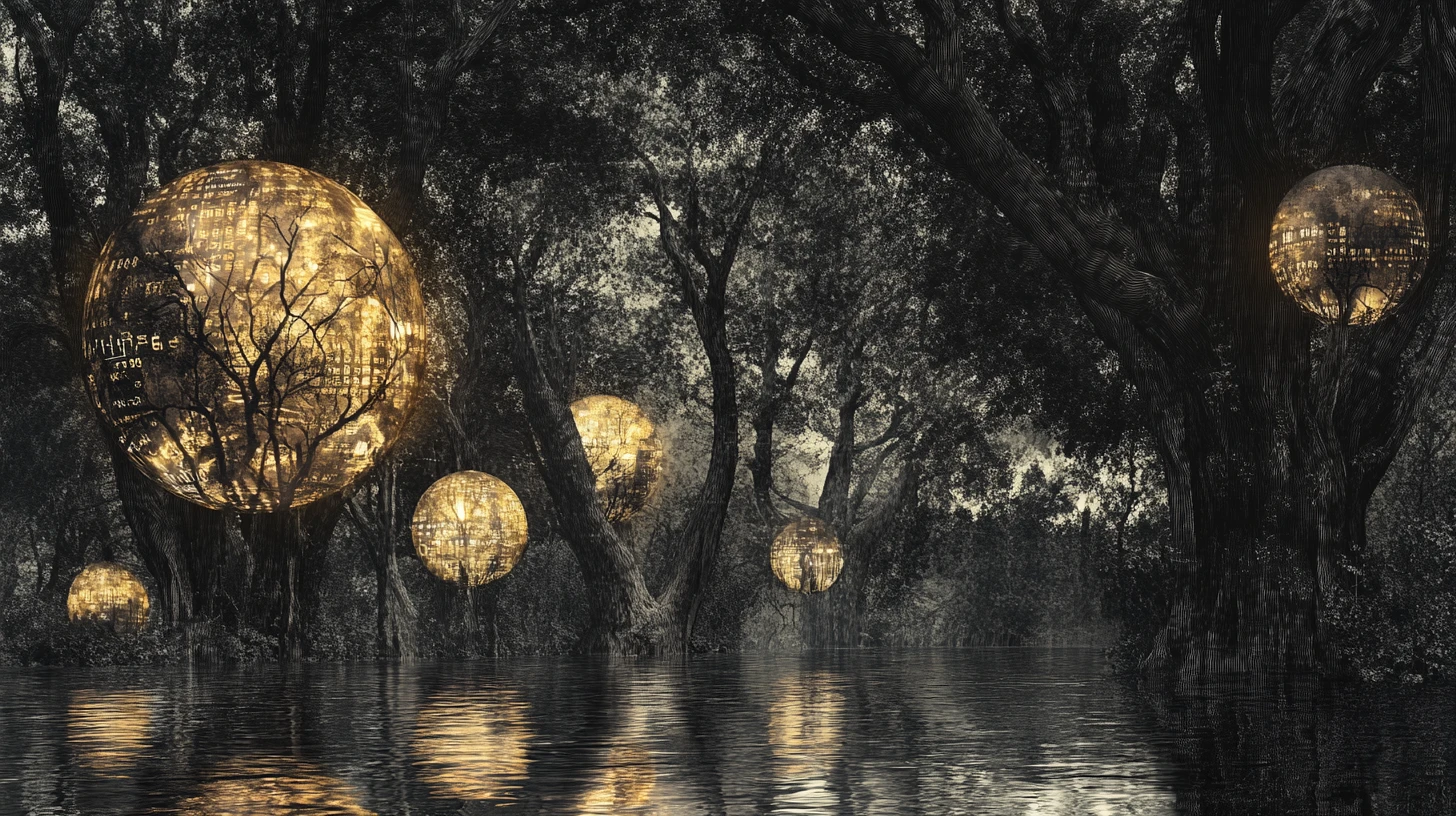Ancient trees rising from mirrored water in surreal light