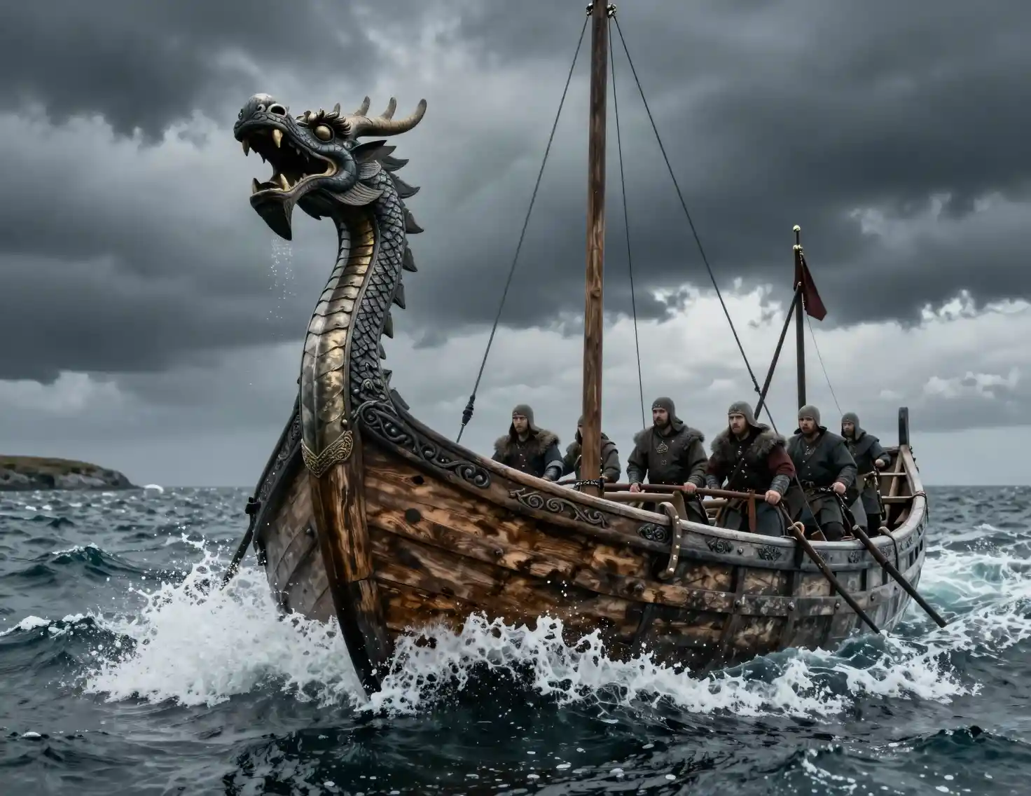 Viking longship battles rough northern seas under storm clouds