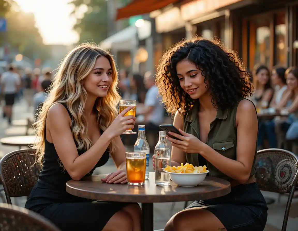 Two young women sharing drinks at an outdoor cafe