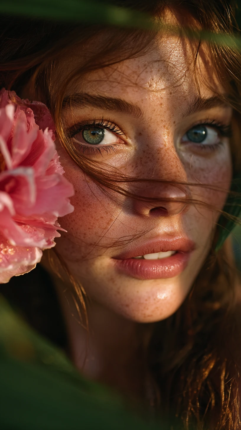 Retrato de joven mujer en jardín botánico a la hora dorada