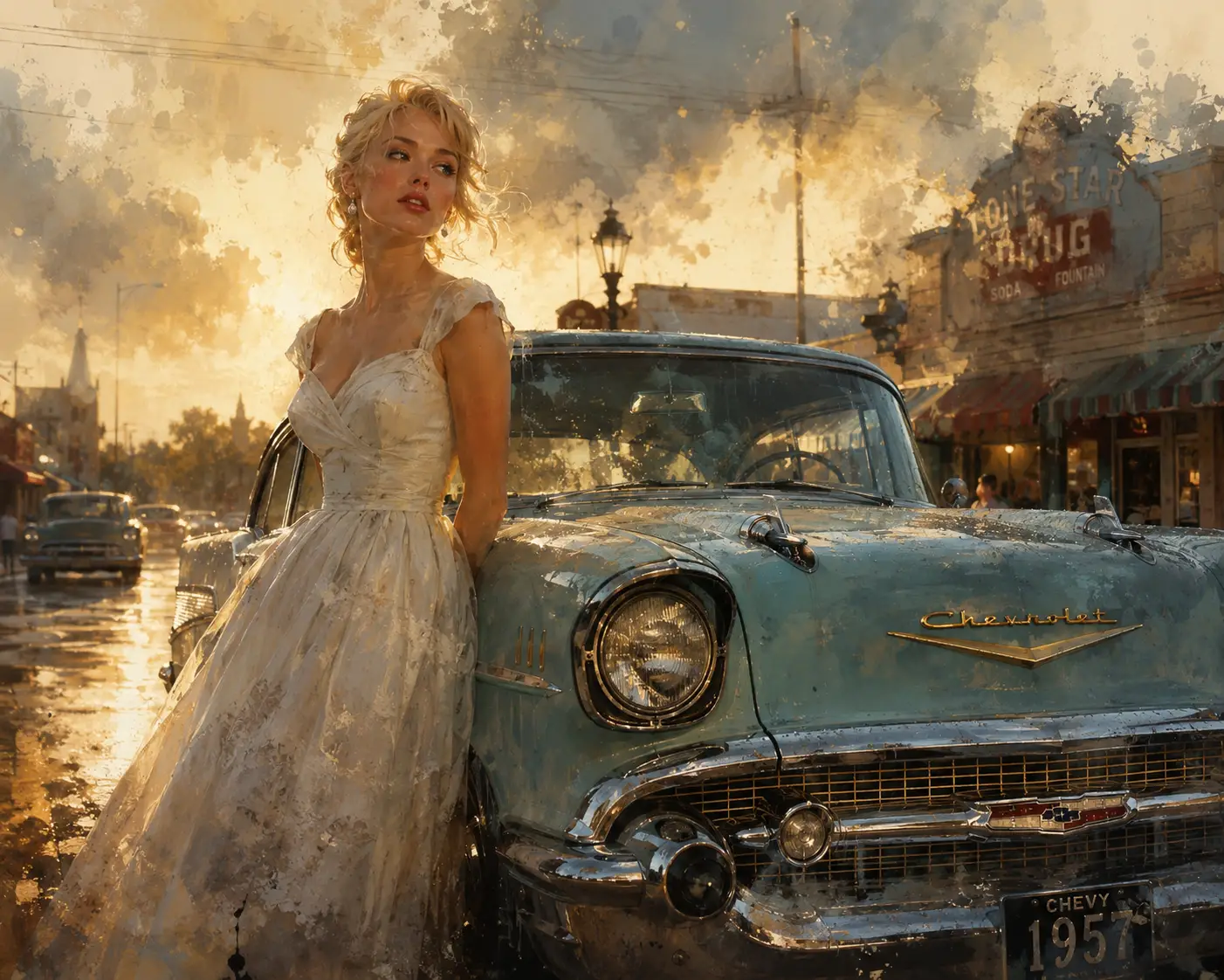 Blonde woman in white dress beside classic 1957 Chevy