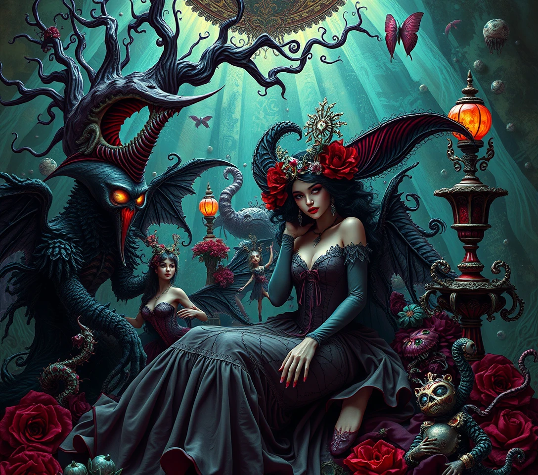 Surreal woman in a chaotic comic horror fantasy world