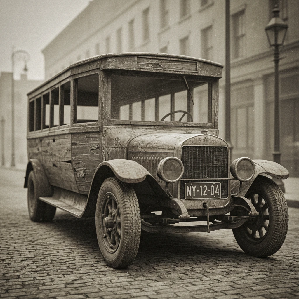 Weathered early 1900s bus on a faded city street