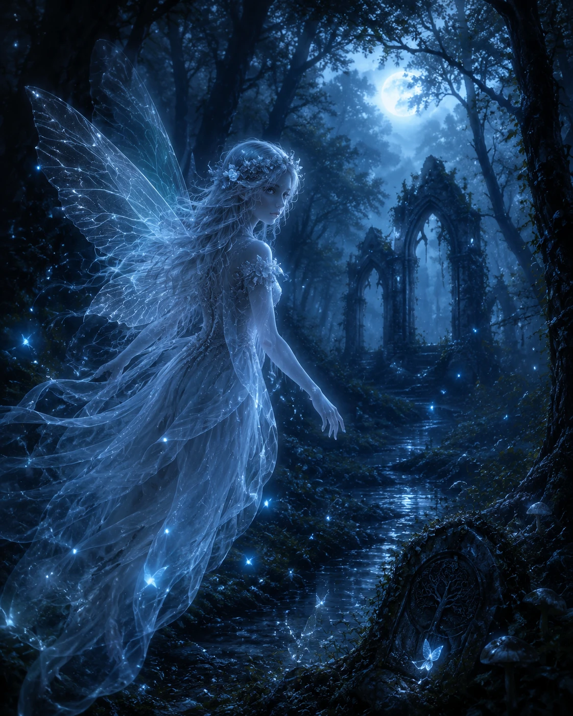 Ghost fairy drifting through a moonlit mystical forest