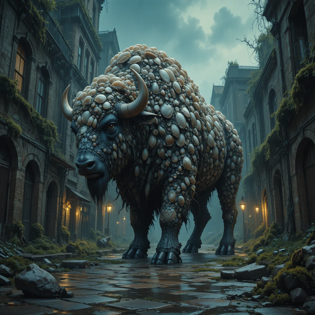 Colossal Shell Bison In A Ruined Moss Covered Cityscape