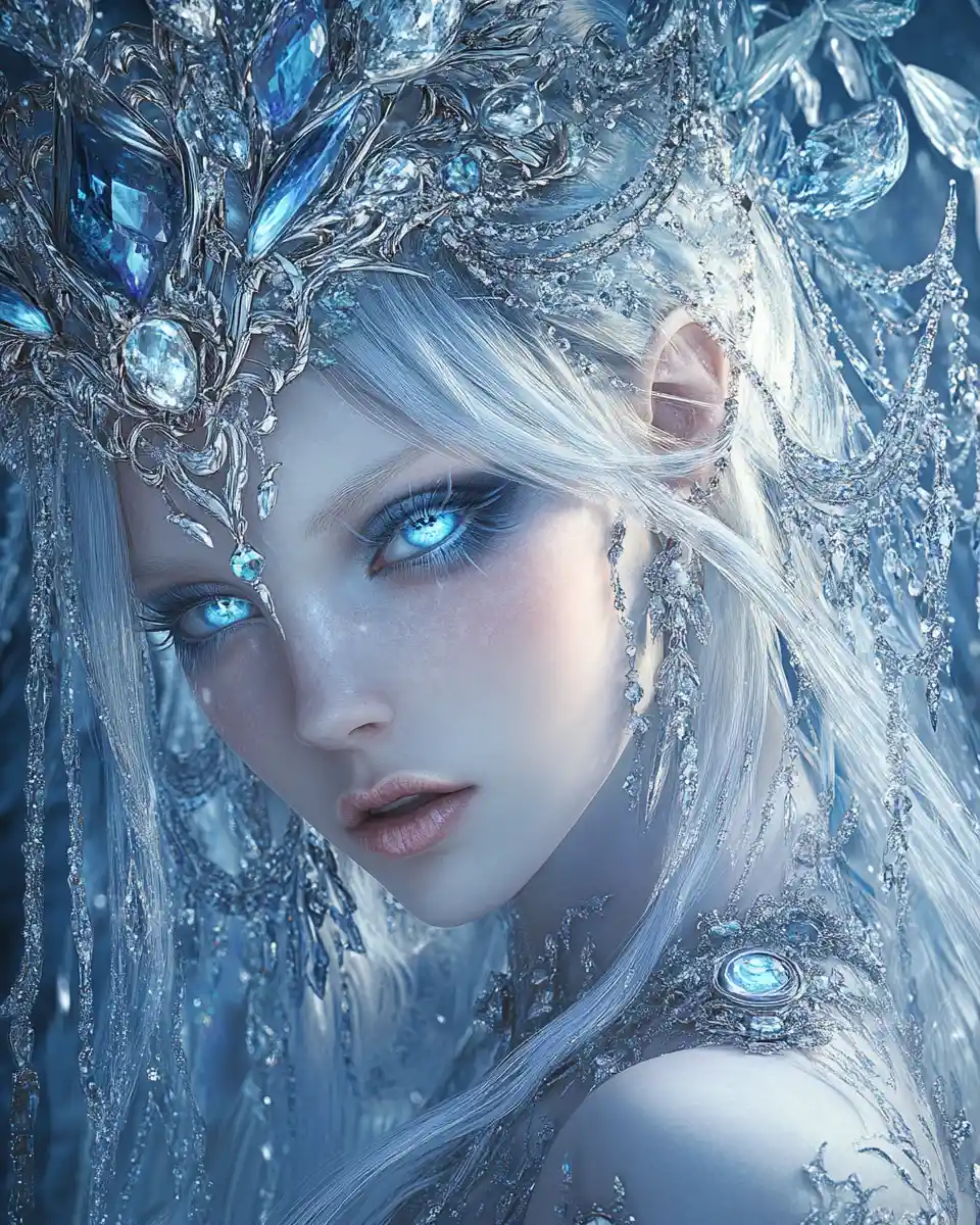 Crystal oracle woman in an icy celestial temple