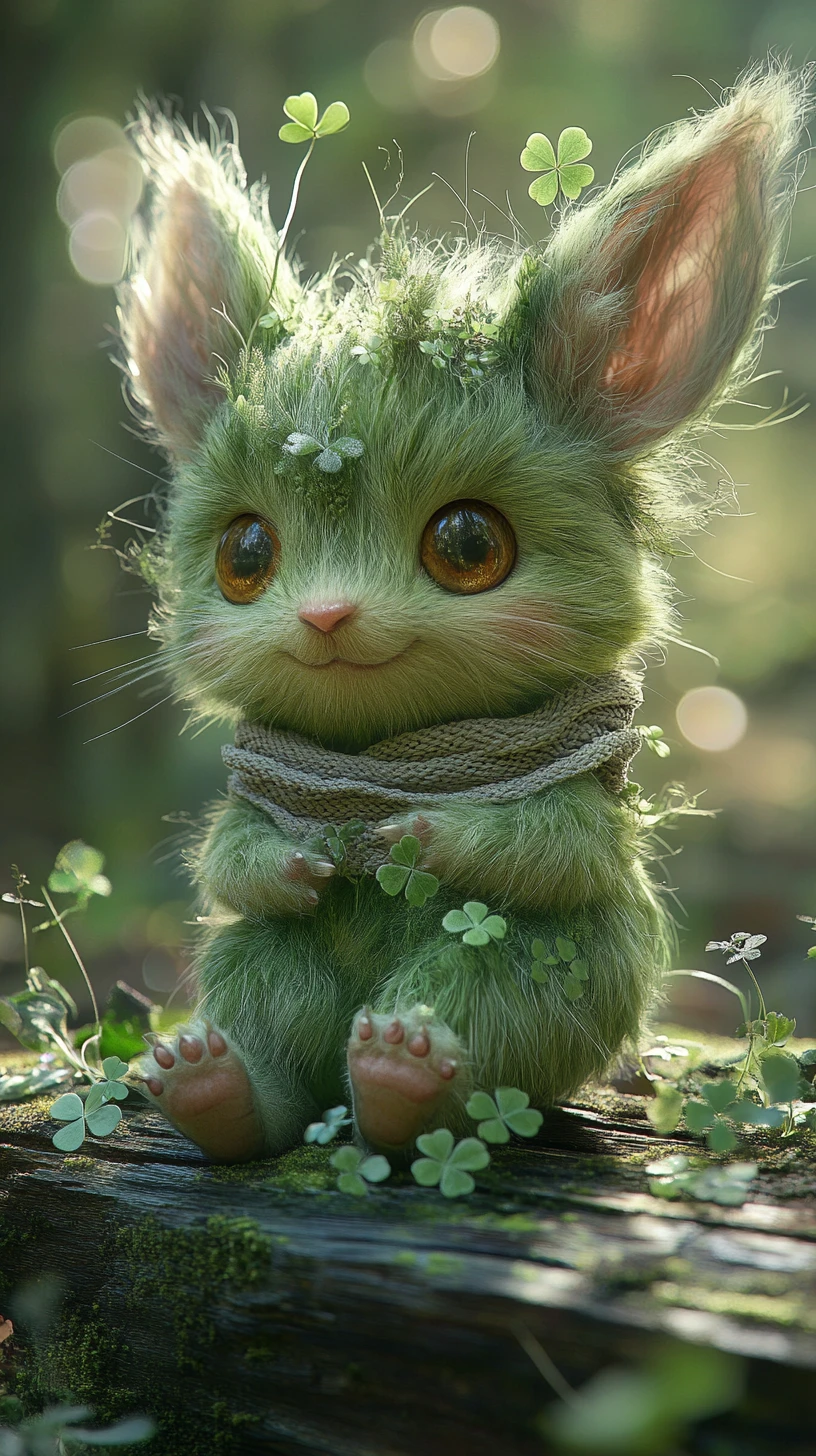 Whimsical mossy forest creature portrait with glowing eyes
