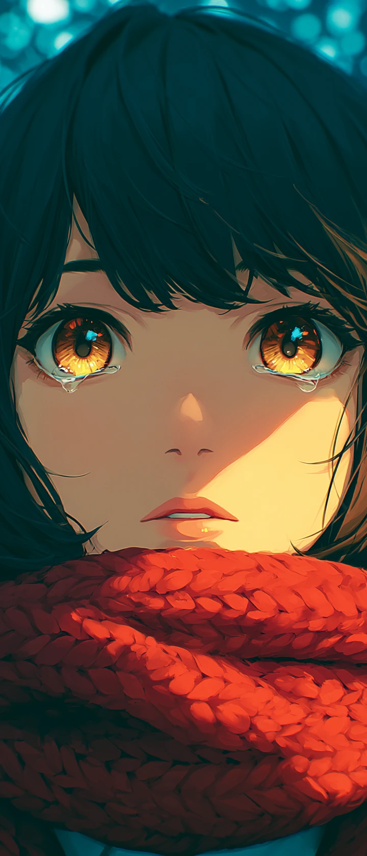 Chica anime llorando en primer plano con bufanda roja en el bosque