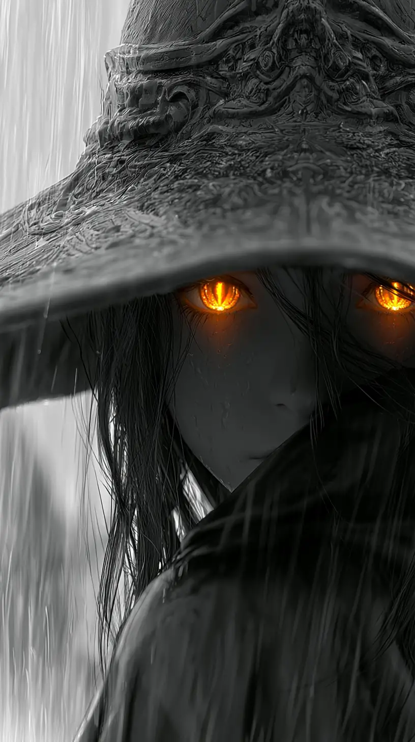 Anime witch girl with glowing eyes in heavy rain