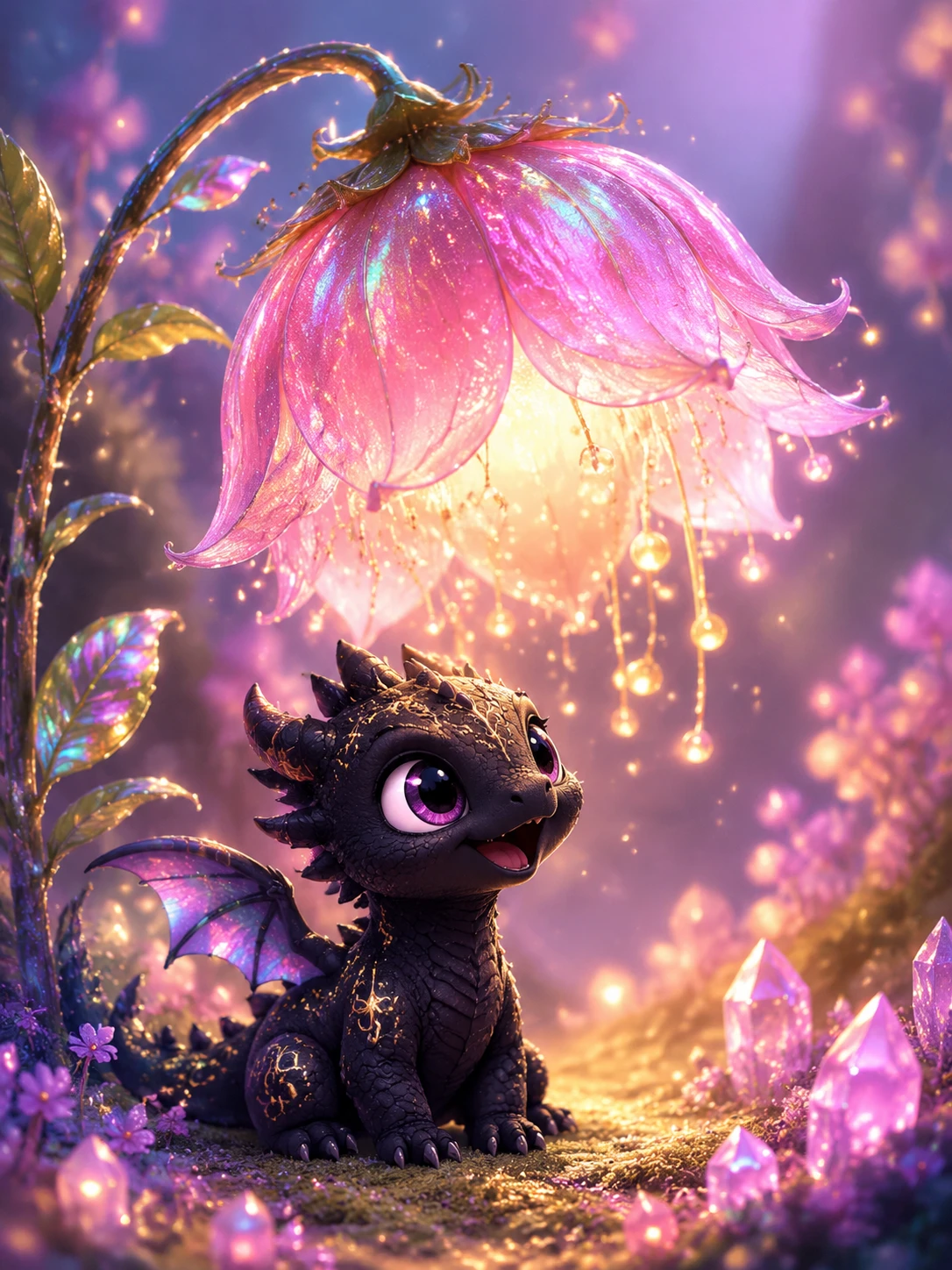 Adorable bebé dragón bajo una flor mágica rosa brillante