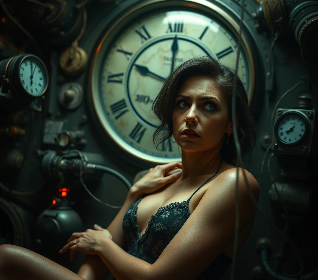 Anxious woman in a surreal comic horror sci fi scene