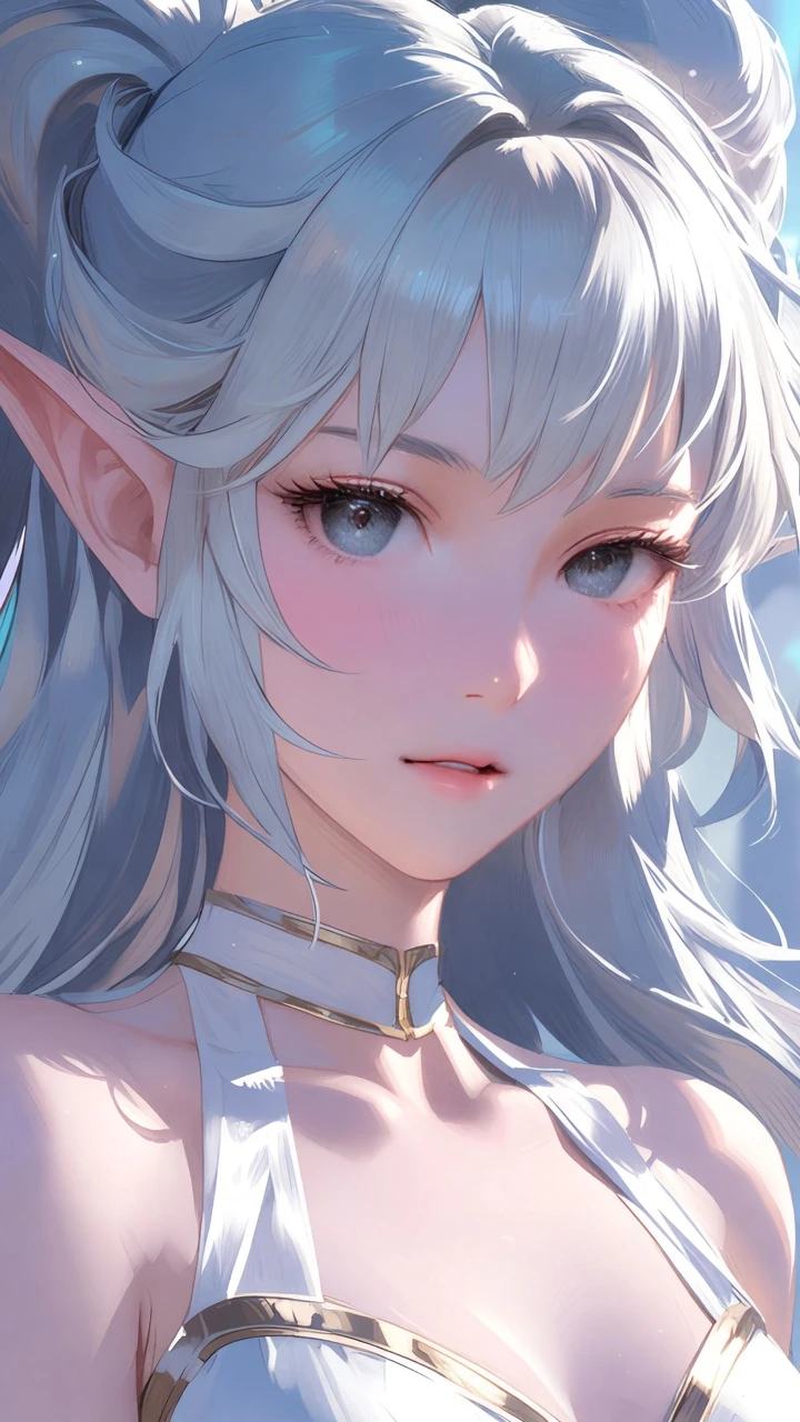 Elegant blue haired elf girl in full body view