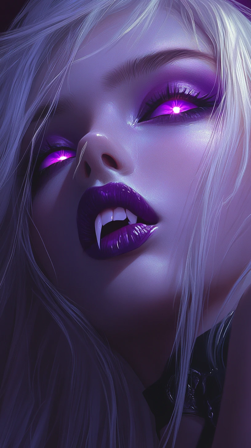 Vampire anime girl portrait with glowing purple eyes