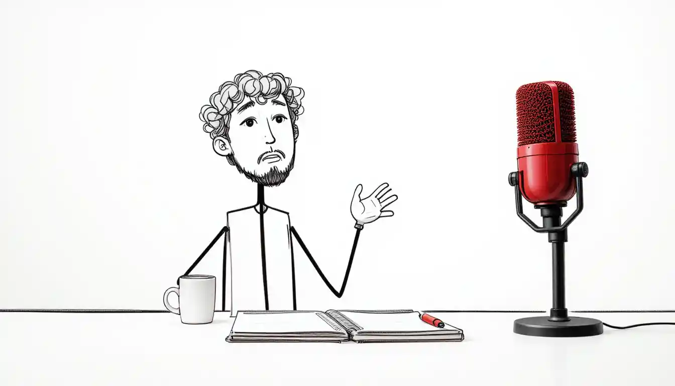 Stick figure at a table speaking into a red microphone