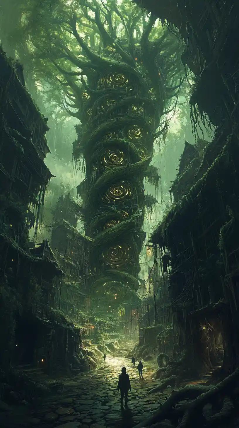 Ancient Treant Forest City Rising Into The Dark Canopy