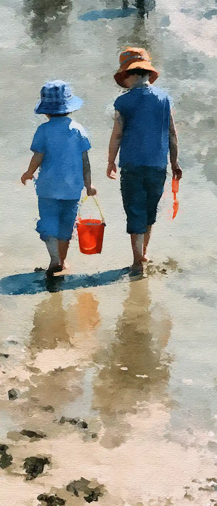 Two children playing with bucket and spade on sandy beach