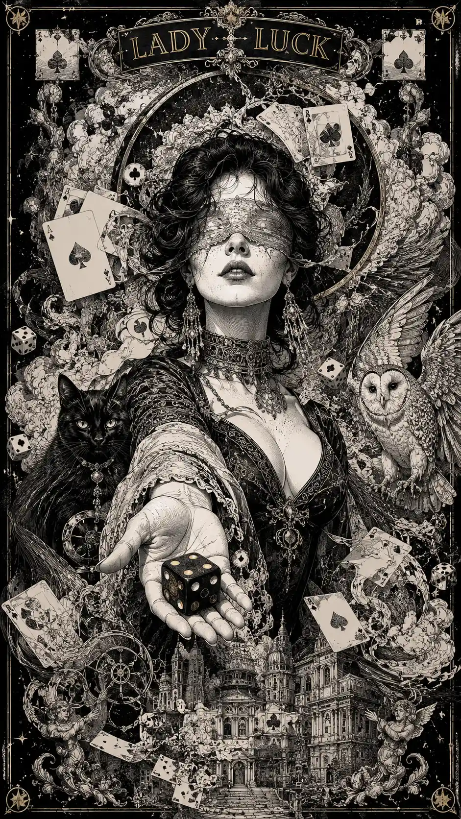 Illustrazione a inchiostro di Lady Luck con illusioni surreali