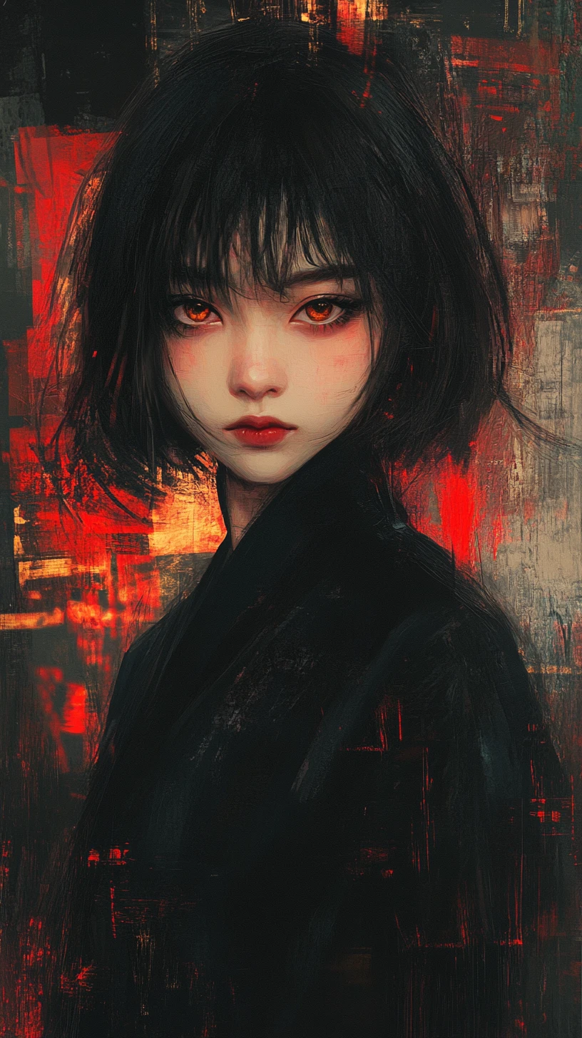 Ragazza anime stoica in kimono scuro con occhi color ambra luminosi