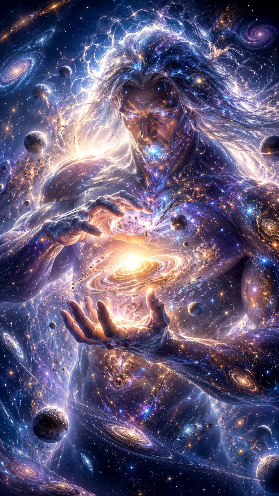 Cosmic man merging with the universe and shaping new worlds