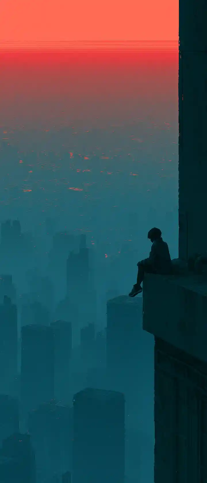 Anime woman on rooftop above dystopian smoggy city at dusk