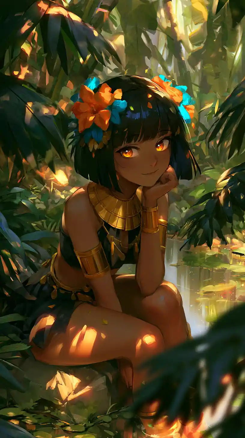 Anime jungle girl by a pond in golden sunlight