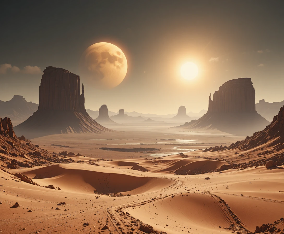 Alien desert landscape beneath twin suns with rocky formations