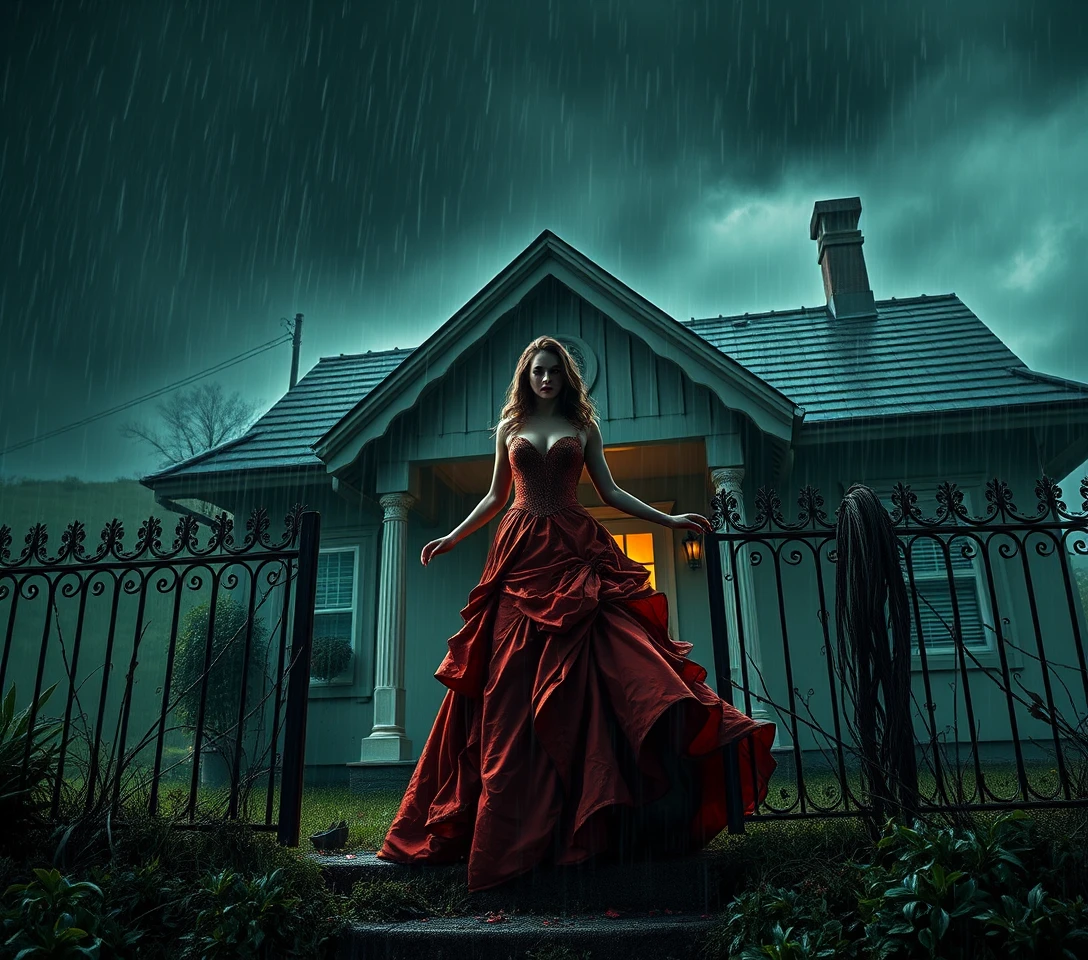 Mulher de vermelho deixando uma casa vitoriana em ruínas na tempestade