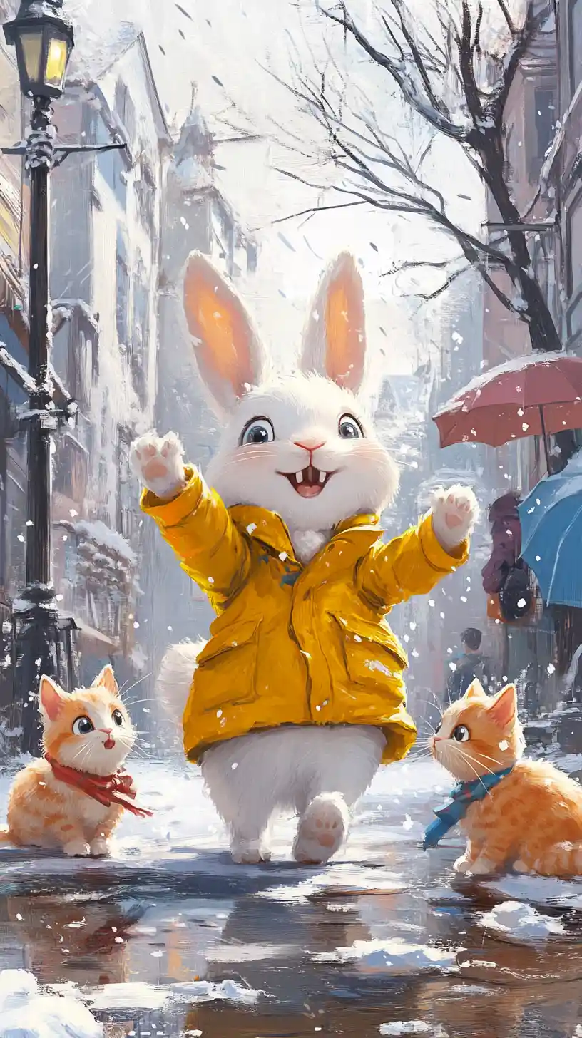 Cheerful Rabbit And Kittens On A Snowy Winter Street