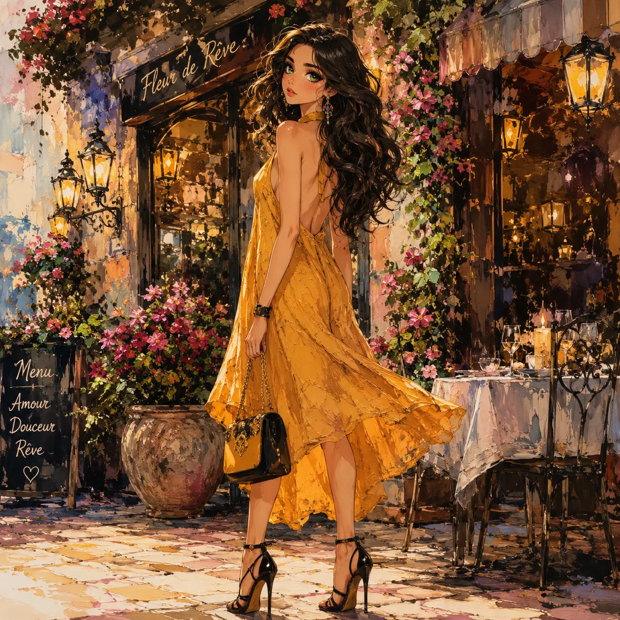 Young woman in ochre dress outside floral restaurant