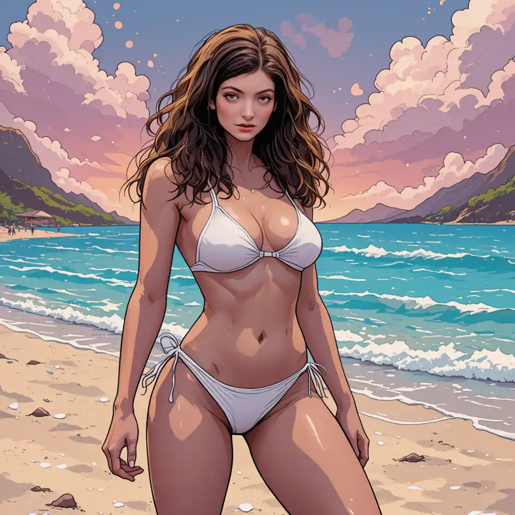 Curvy woman posing in white bikini on sunny beach