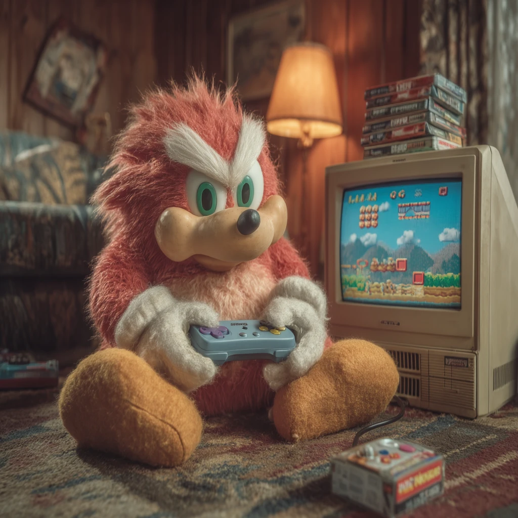 90年代のリビングでゲームをする赤い擬人化クリーチャー