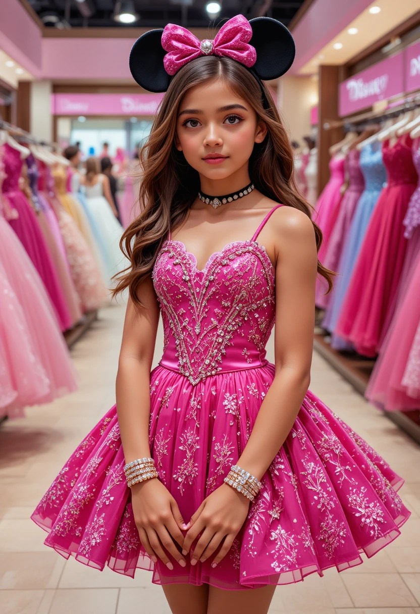 Young girl in pink Minnie gown at dress shop
