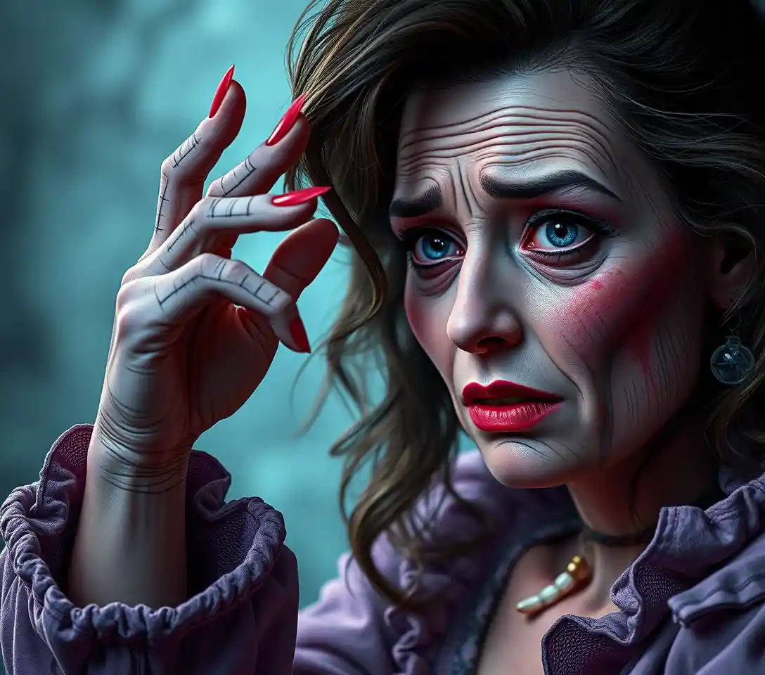 Anxious mature woman in a surreal comic horror scene