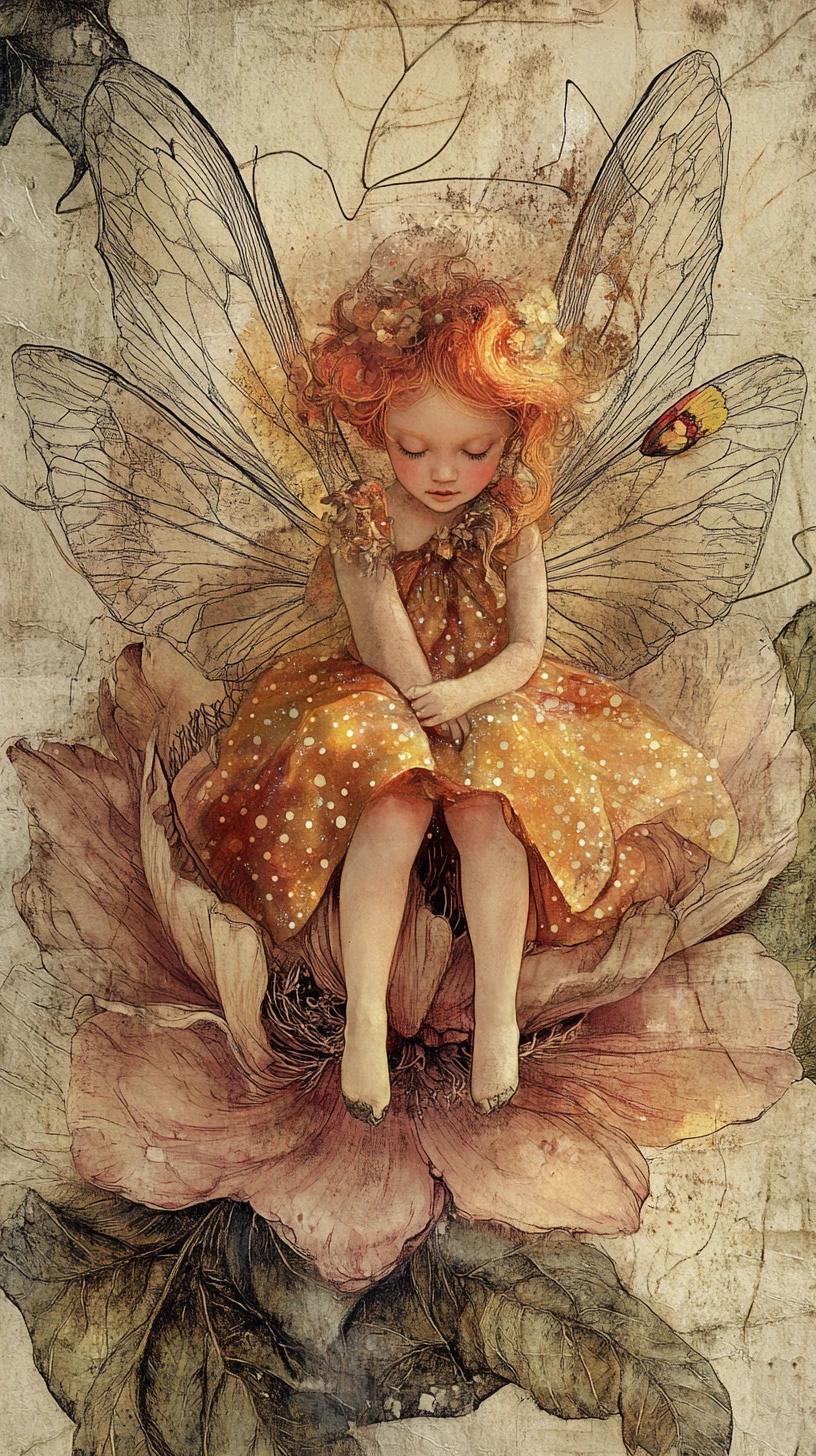 Cute ginger fairy girl sitting inside a giant peony