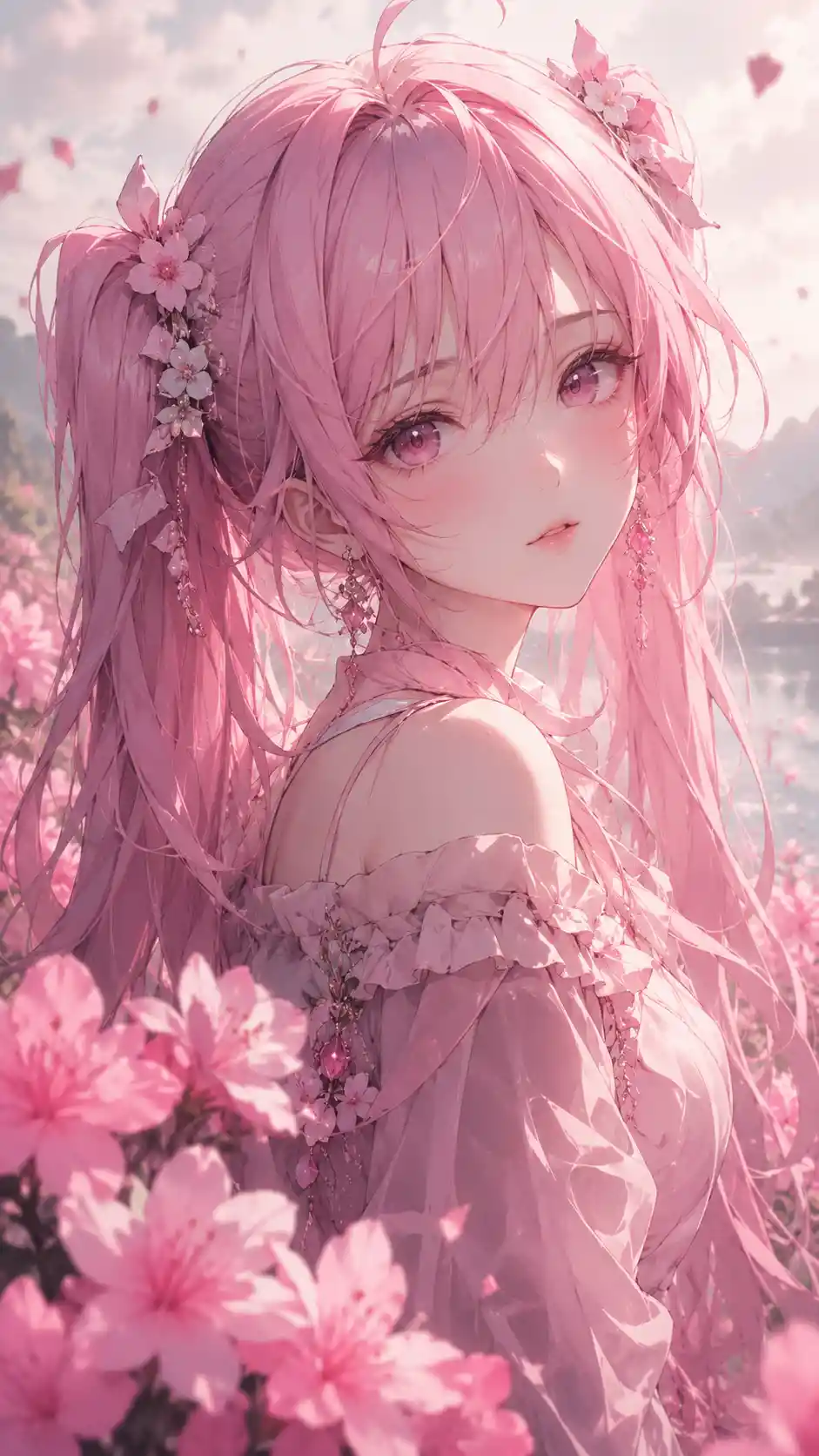Pink haired anime girl in a serene flower garden