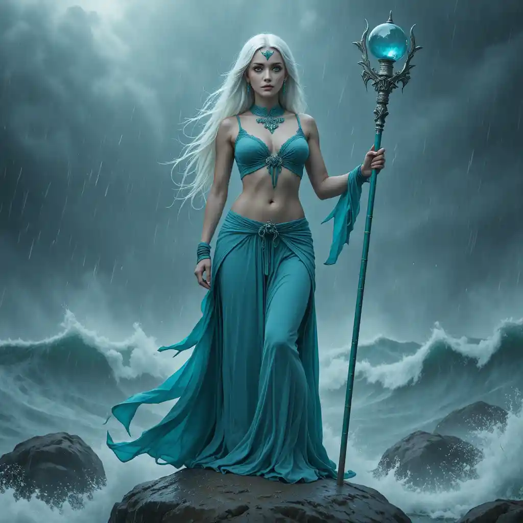 White haired sorceress on a stormy coastal boulder