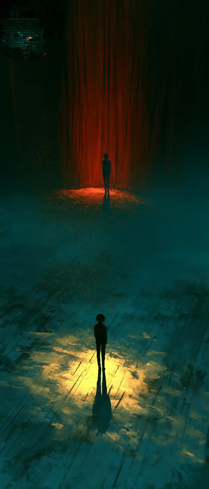 Anime woman standing alone in an abandoned 1970s dance hall