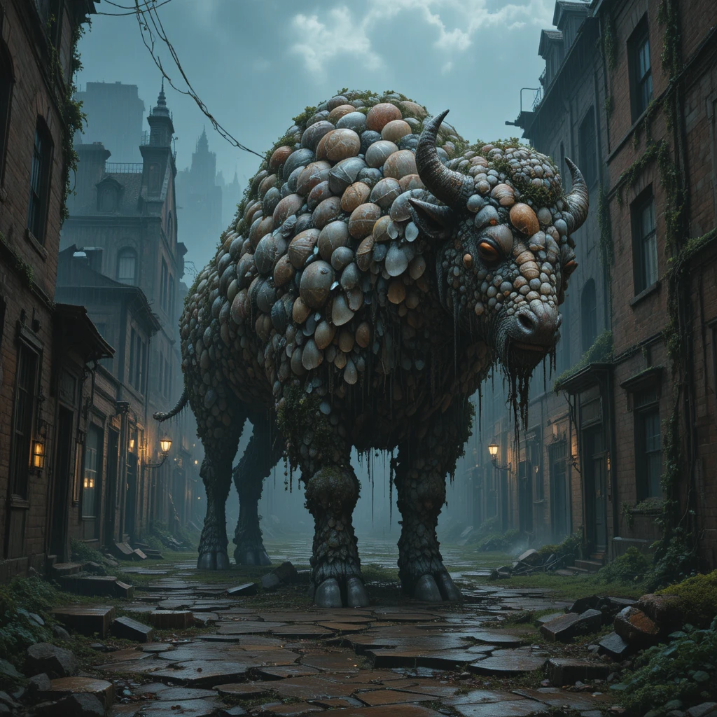 Colossal Shell Bison In A Ruined Moss Covered City