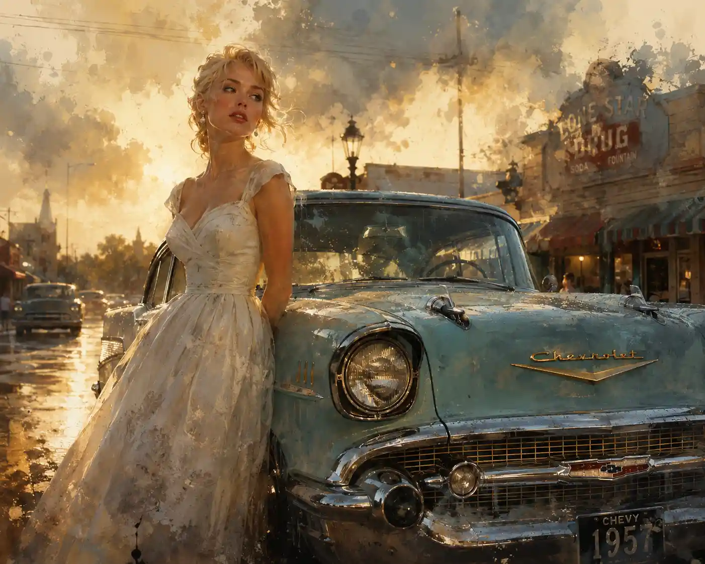 Blonde woman in white dress beside classic 1957 Chevy