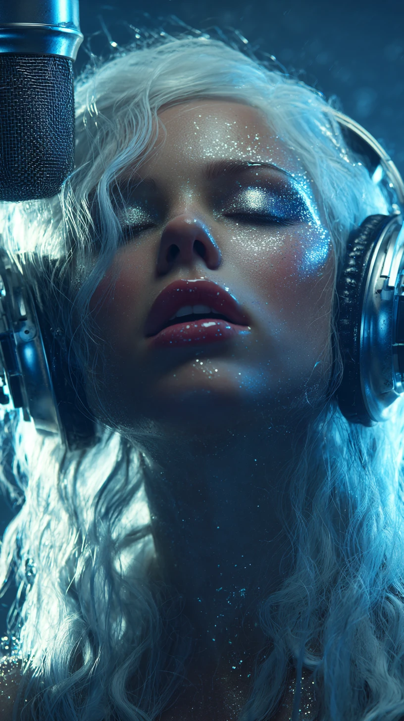 Retrato cinematográfico de una mujer cantando en estudio con auriculares