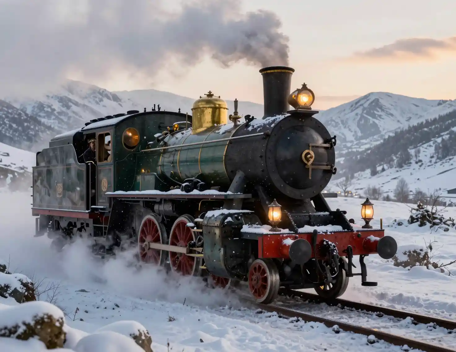 Victorian steam train racing through snowy mountain pass at dusk