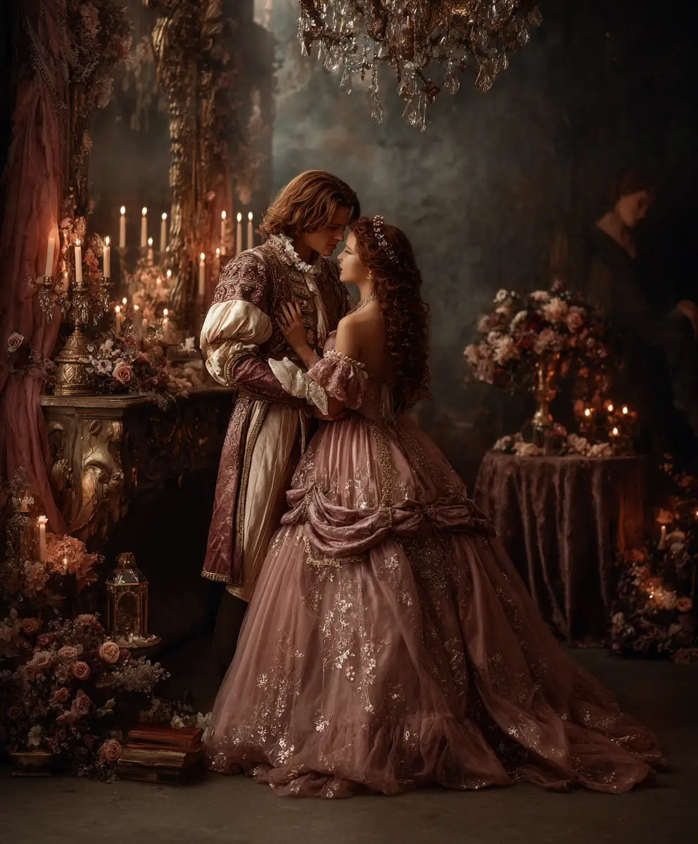 Romantic fantasy royal couple in soft candlelit castle