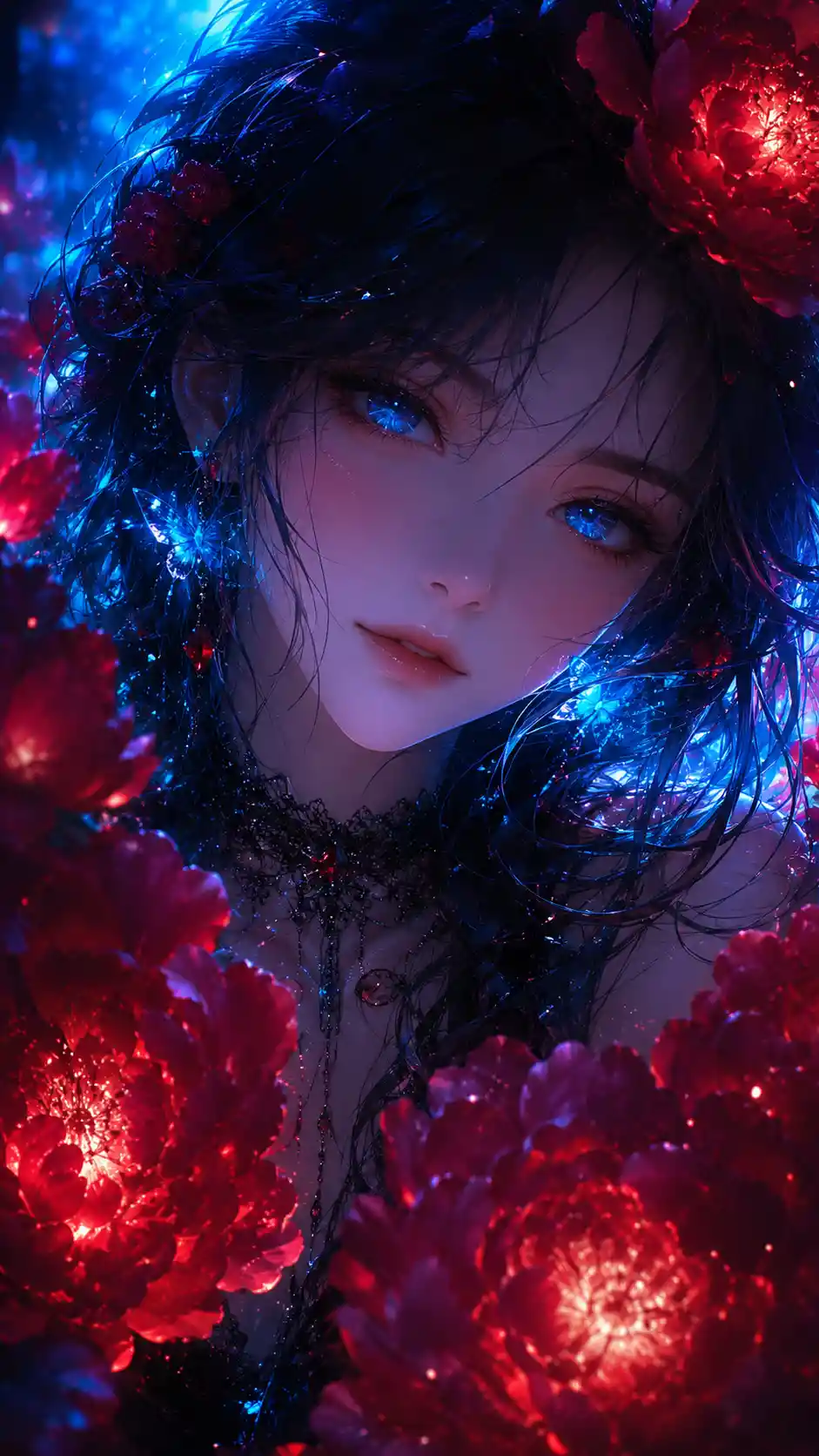 Anime girl with cyan eyes and red peony flowers