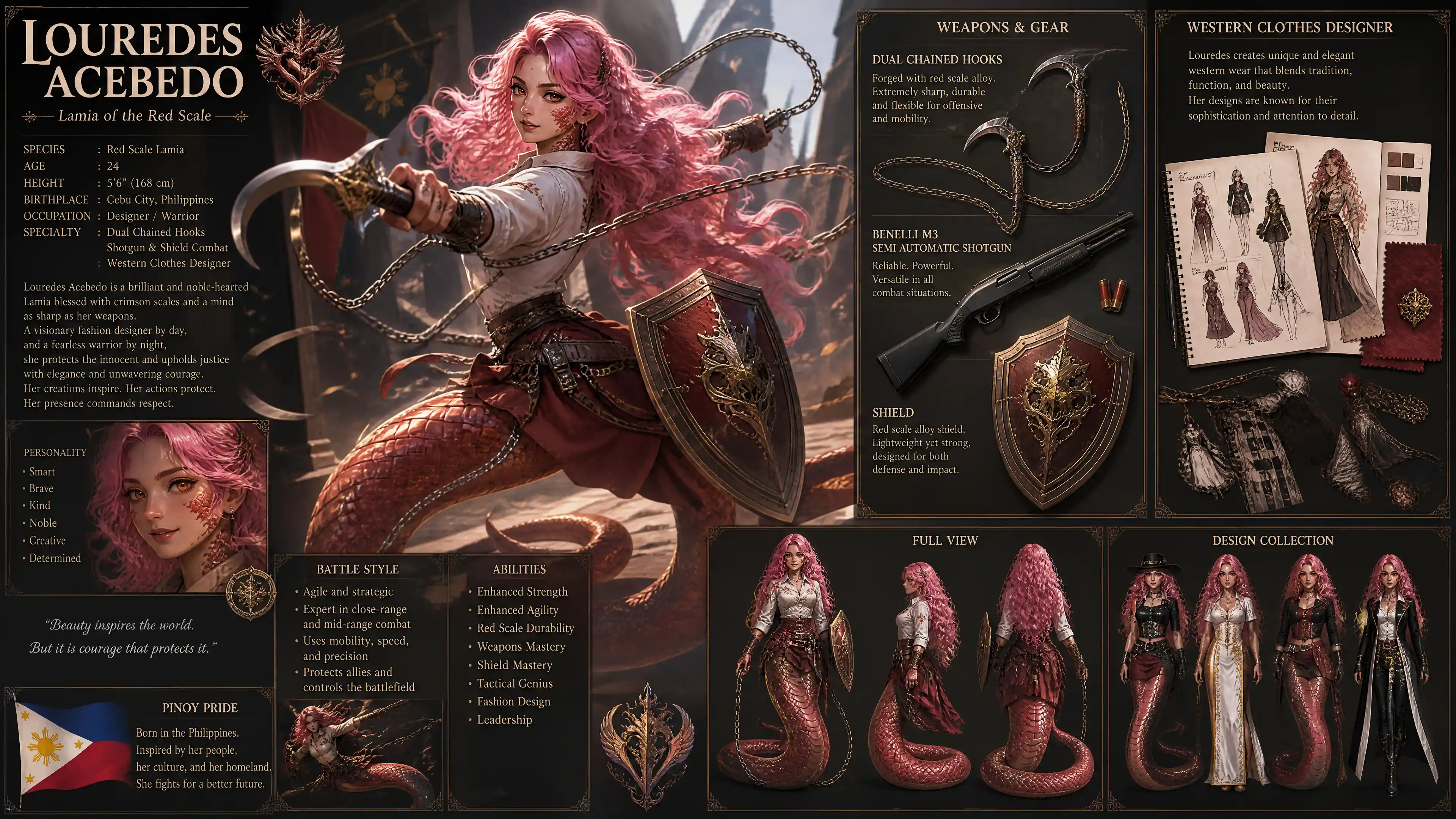Brave Filipino lamia woman with pink hair and chained hooks